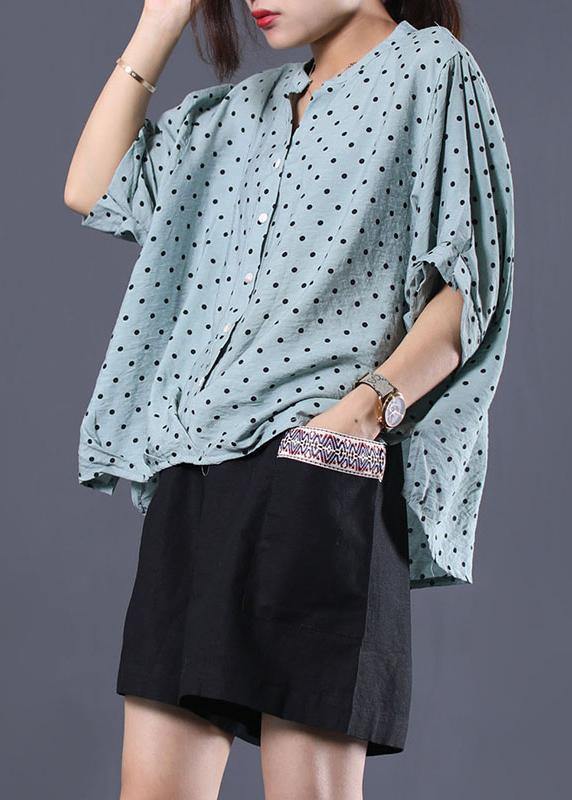 French light blue asymmetric dotted cotton shirts women v neck loose summer tops