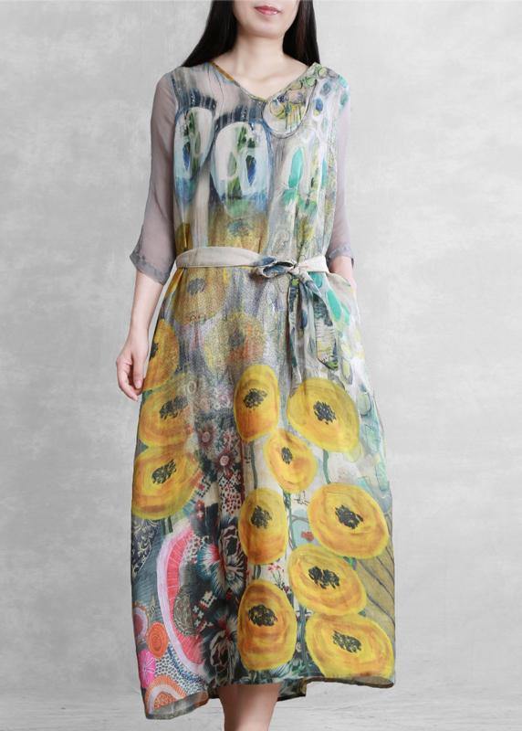 French v neck tie waist  clothes Photography yellow print Dress