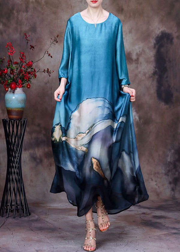 Bohemian Blue O-Neck Layered Design Print Silk Dresses For Women Bracelet Sleeve