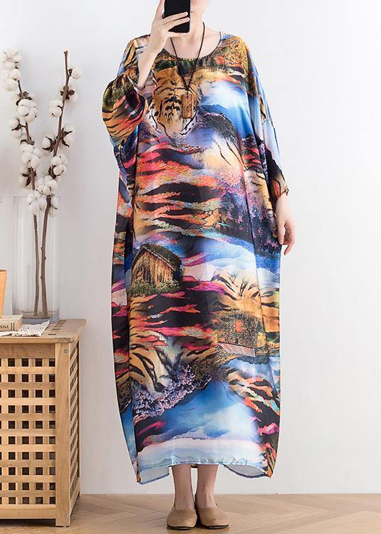 Summer new chiffon holiday style plus size women's retro dress loose printed long skirt