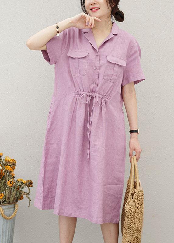 Chic purple linen clothes For Women drawstring Notched cotton summer Dress