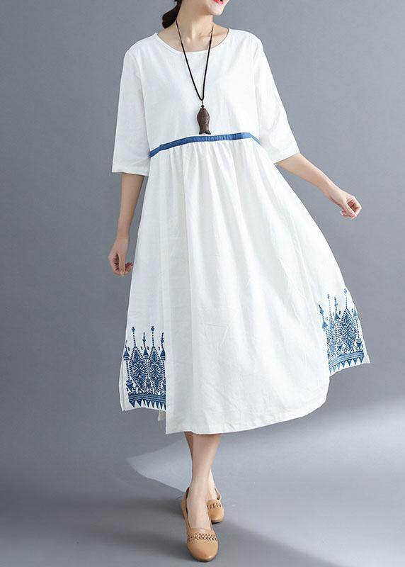 Loose blue linen clothes For Women embroidery Plus Size Clothing summer dress