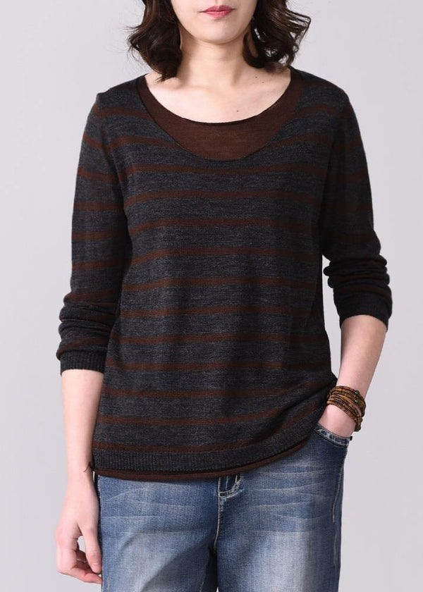 For fall striped knitted t shirt casual false two piecesknit sweat tops o neck