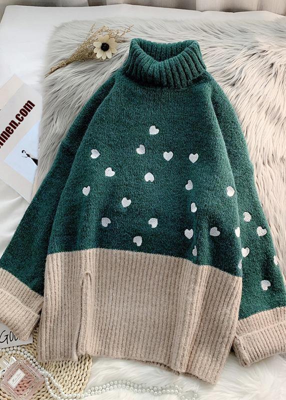 Cozy green Heart print knitted t shirt high neck patchwork oversize knitwear