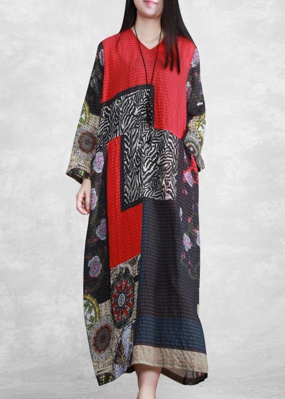 Elegant V Neck Long Sleeve Spring Tunic Pattern Outfits Print Kaftan Dresses