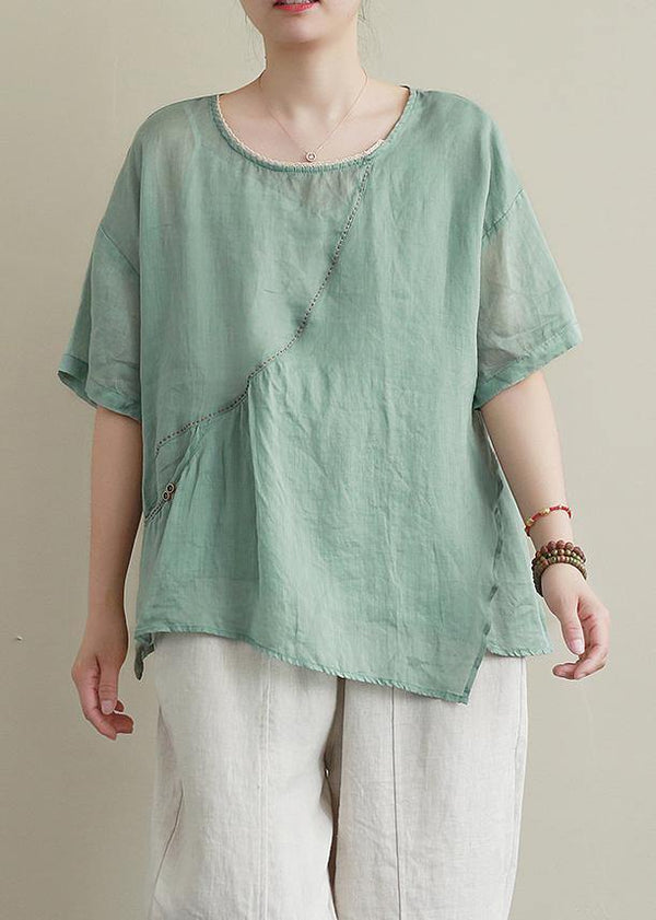 Women o neck asymmetric cotton linen summer clothes For Women green blouse