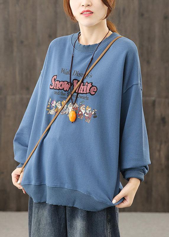 Bohemian o neck top silhouette Shape blue Cartoon print top