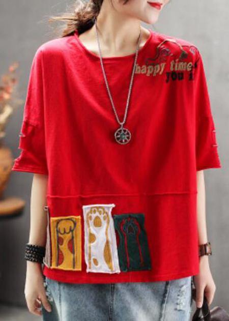 Women red cotton clothes For Women Korea Summer Loose Retro Ripped Hole Embroidery T-Shirt