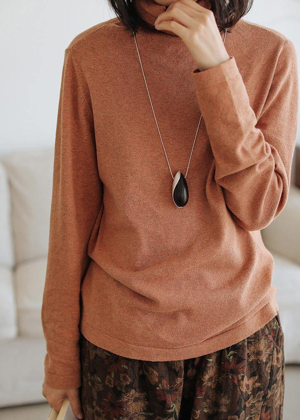 Cute orange knitted pullover high neck Loose fitting knitwear