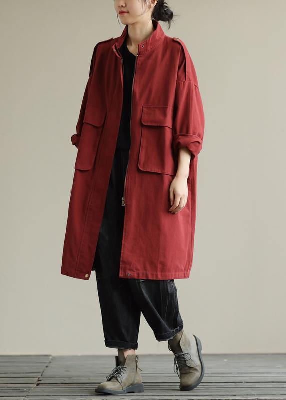 Bohemian zippered pockets fine fall Coats Women red baggy coat