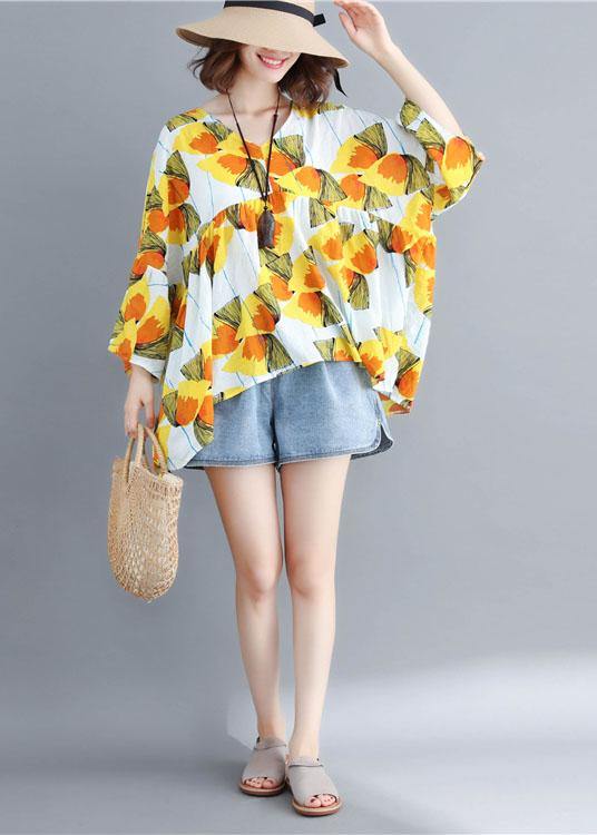 Women o neck patchwork cotton shirts yellow print top