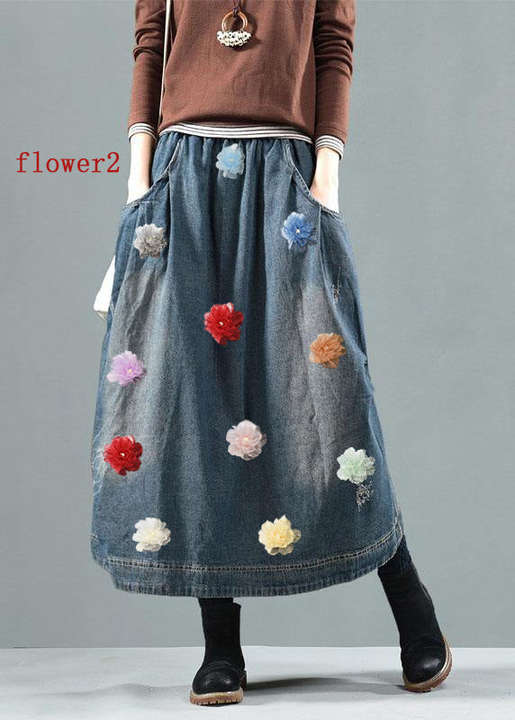 Blue-Colorful flowers Pockets Retro Patchwork Summer Skirts Denim