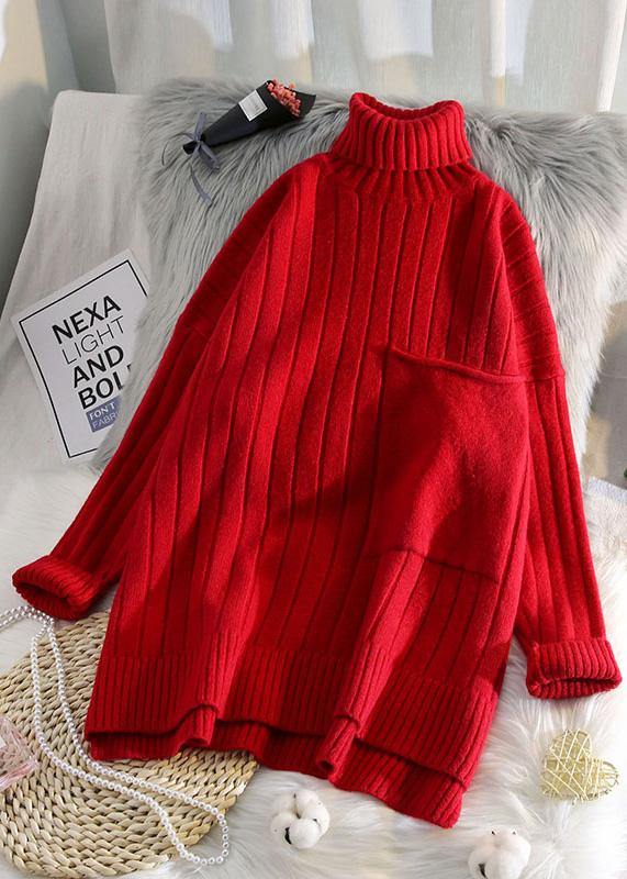 Pullover red clothes For Women one big pockets Loose fitting high neck knitwear