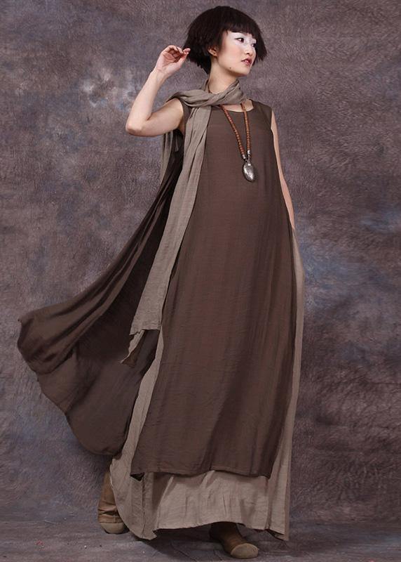 French false two pieces linen dresses Neckline chocolate sleeveless Dress summer