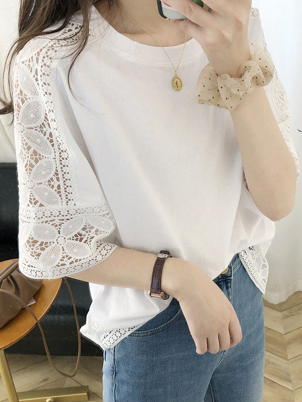 Half Sleeves Loose Hollow Solid Color Split-Joint Round-Neck T-Shirts Tops