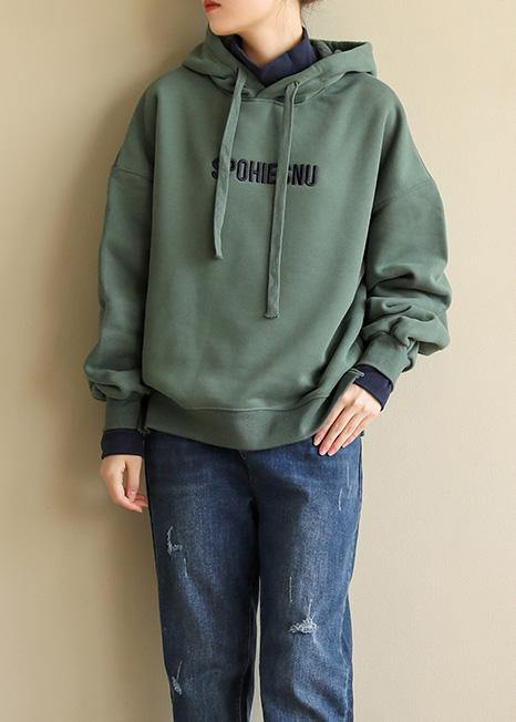 Loose embroidery cotton hooded shirts women Tunic Tops green blouse