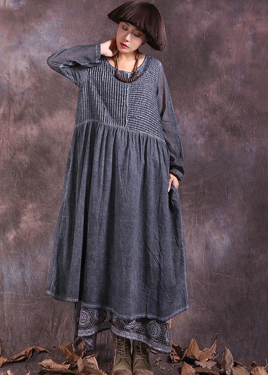 Beautiful gray long sleeve linen cotton clothes For Women Cinched long summer Dresses