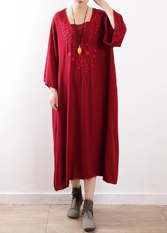 Simple red embroidery clothes For Women o neck Maxi fall Dresses