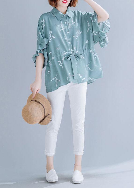 Italian green prints chiffon clothes For Women drawstring loose summer top