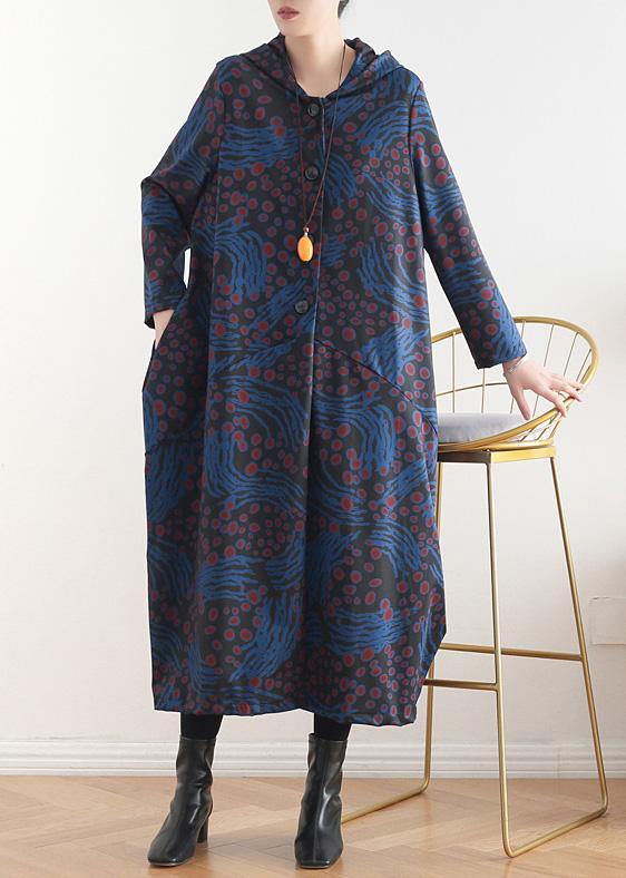 Women hooded patchwork fine coat for woman blue print tunic coats fall