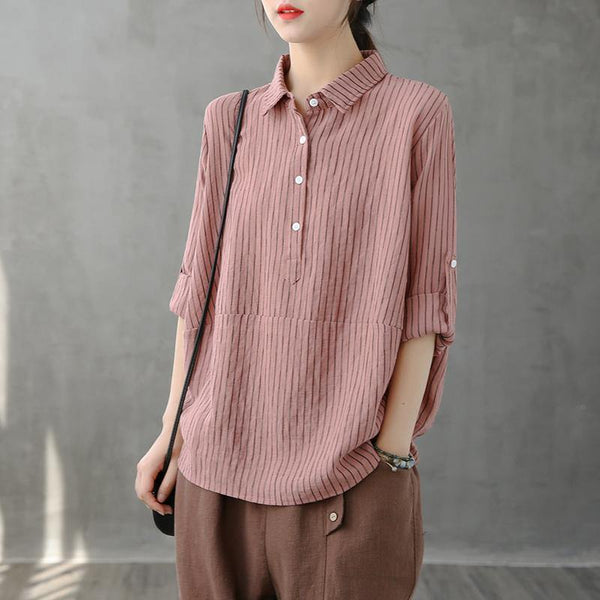 Modern lapel Button Down tops women Fabrics pink striped shirt