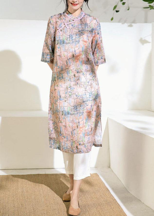 Art stand collar half sleeve linen clothes For Women Work pink print Dress