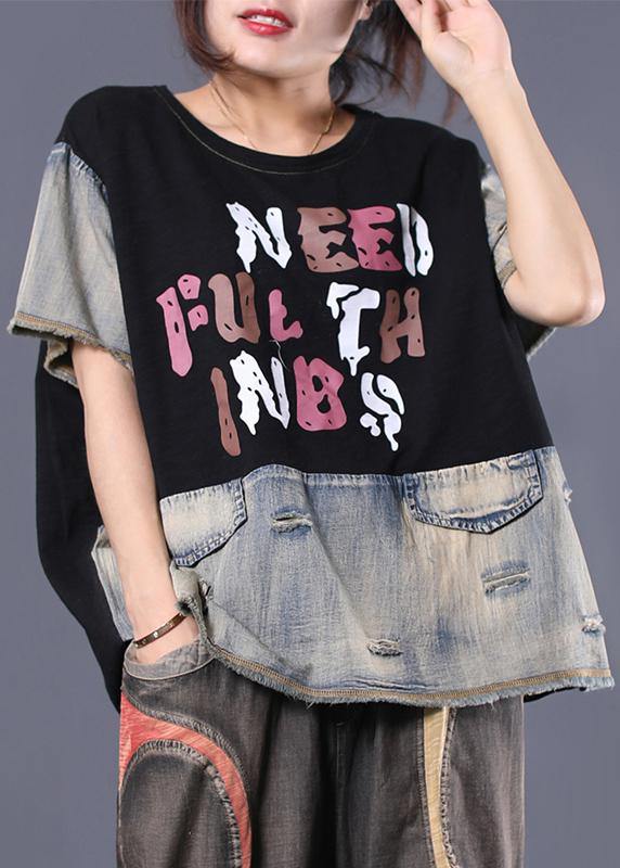 diy black patchwork cotton shirts women ripped short summer top