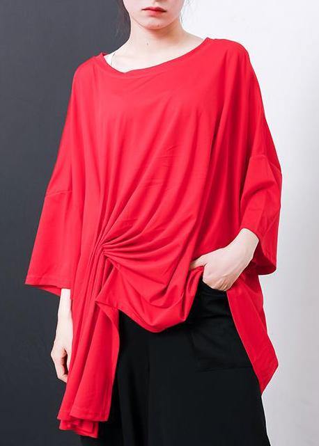 Handmade red cotton blouses for women Boho Irregular Design Pleated Solid Color T-Shirt