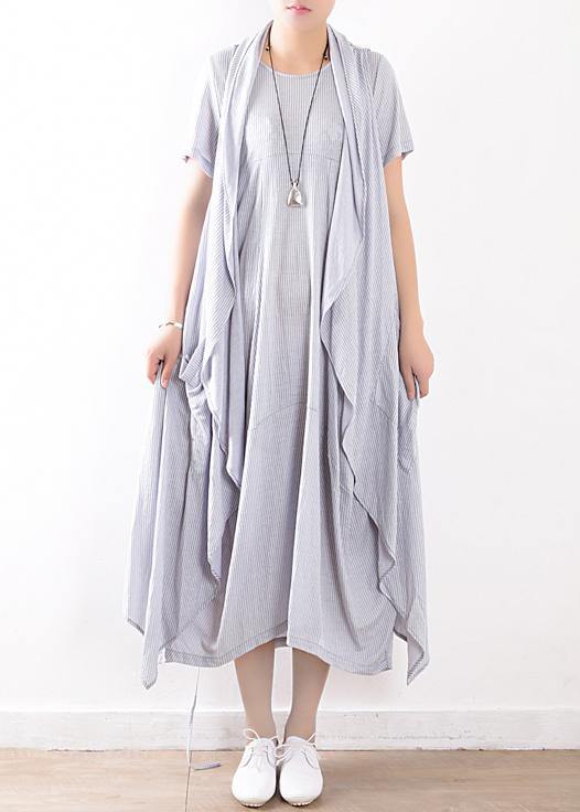 summer light blue linen women sleeveless outwear plus size women casual dress two pieces