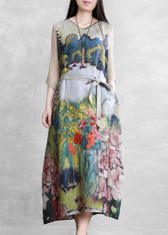 Modern Green art print clothes For Women v neck tie waist long summer Dresses