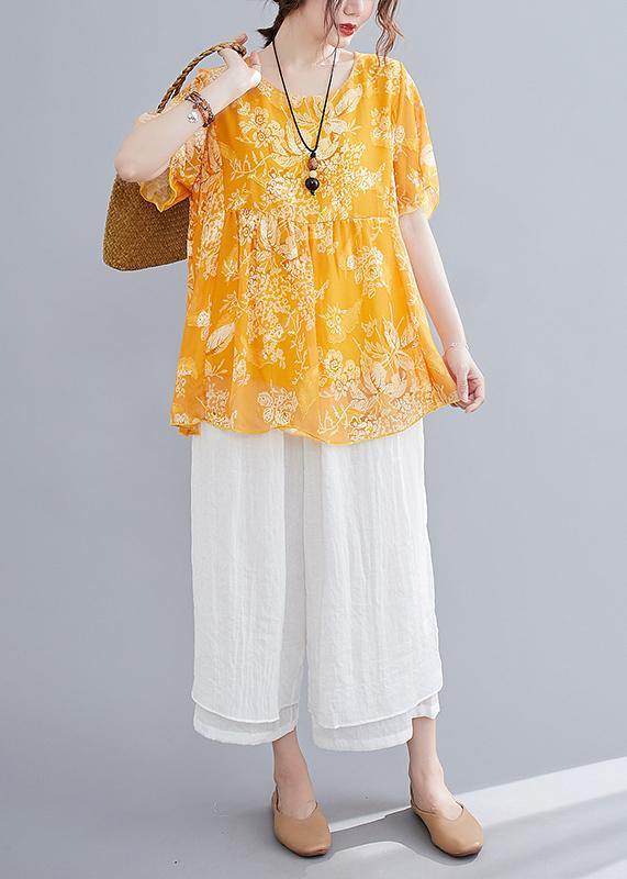 Loose yellow small floral cotton and linen top + wide leg pants casual two pieces