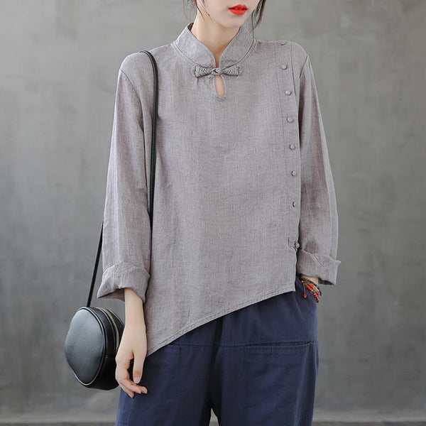 French stand collar asymmetric tops women Cotton gray shirts