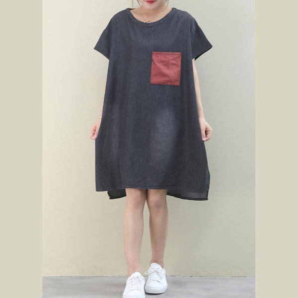 Loose o neck red pockets Cotton quilting dresses Inspiration denim black Dress