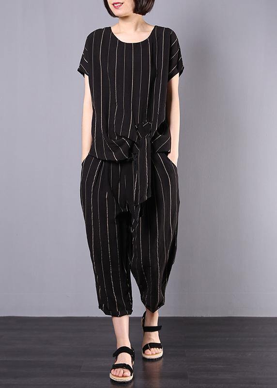 women cotton linen black striped two pieces short sleeve blouse and drawstring elastic waist pants
