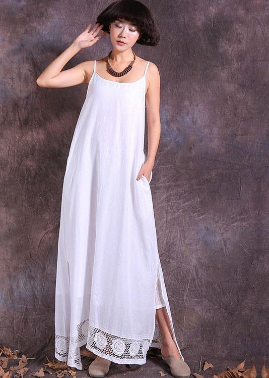 DIY white side open linen clothes hollow out hem Maxi summer Dresses