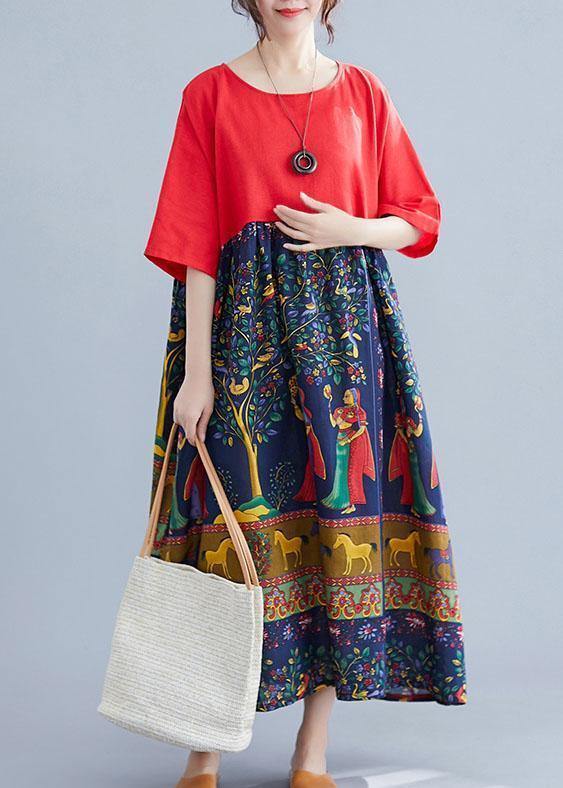 Elegant red patchwork print cotton clothes o neck Robe summer Dresses