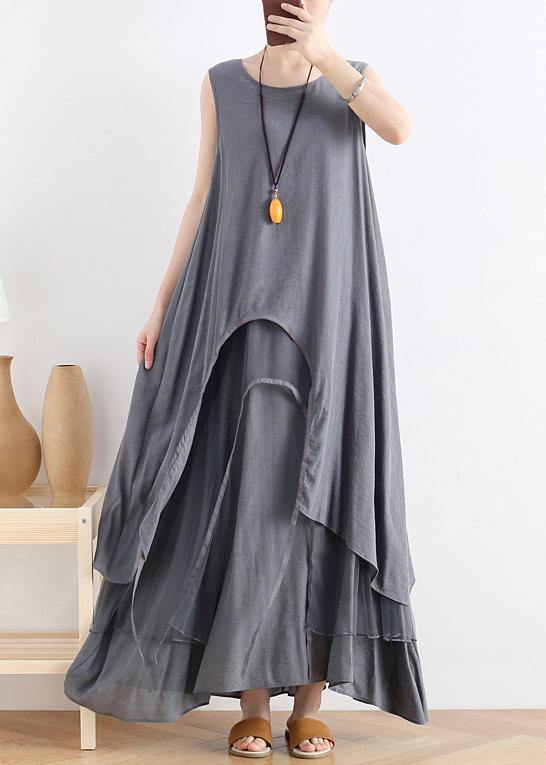 Unique gray cotton dresso neck asymmetric robes summer Dress