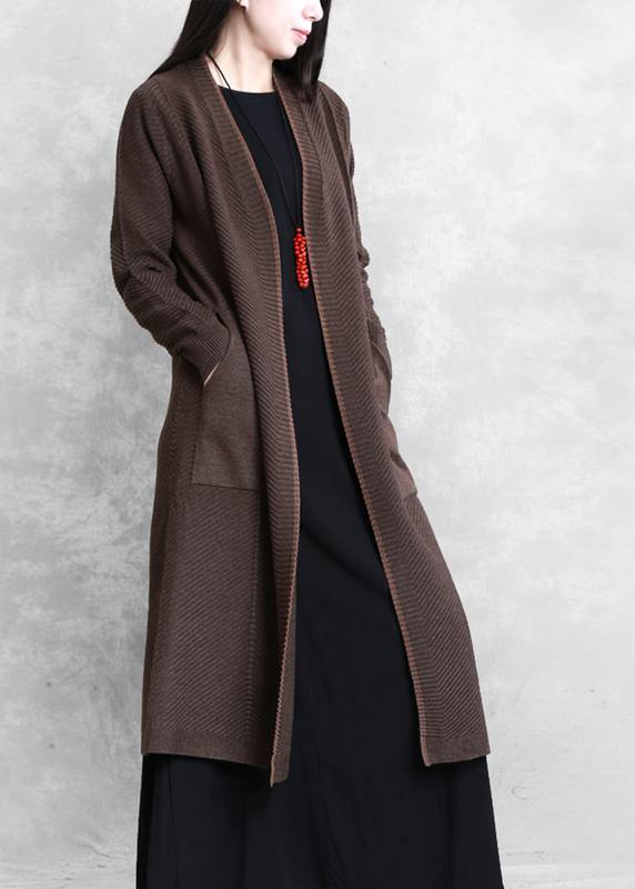 Elegant chocolate coat plus size long coat pockets