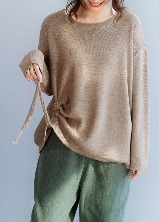 Chunky o neck khaki knit sweat tops fall fashion drawstring knit