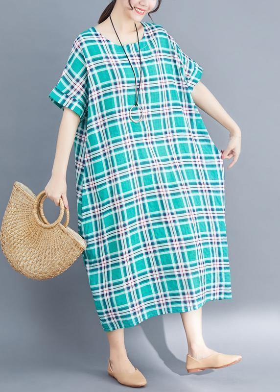 Natural green cotton clothes 2019 Sleeve plaid Plus Size Clothing summer Dress