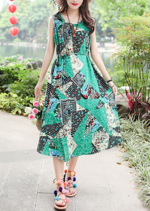 Unique sleeveless tie waist cotton quilting clothes Fashion Ideas green print long Dresses summer