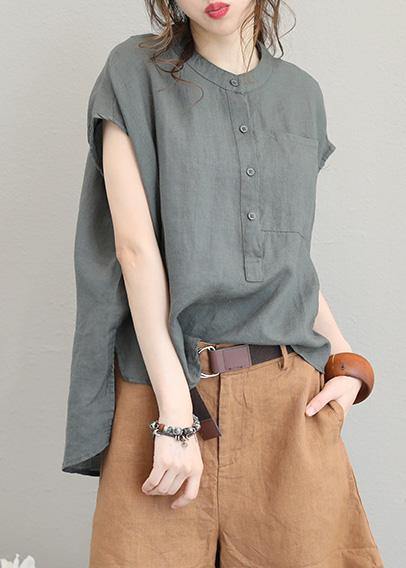 Unique o neck linen tops women blouses low high design Plus Size Clothing gray green shirt