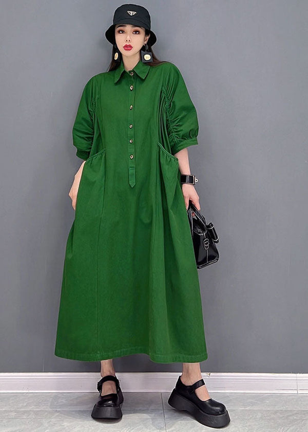 Vintage Green Solid Peter Pan Collar Cinched Pockets Cotton Long Dresses Half Sleeve