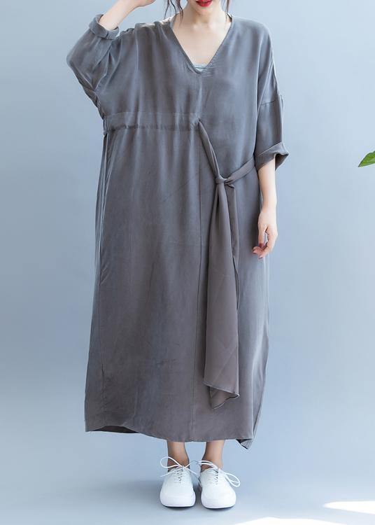 Chic gray clothes For Women v neck drawstring long summer Dress