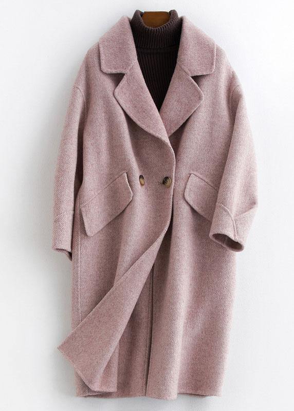 Fine pink Woolen Notched Coat Women oversize mid-length pockets coats