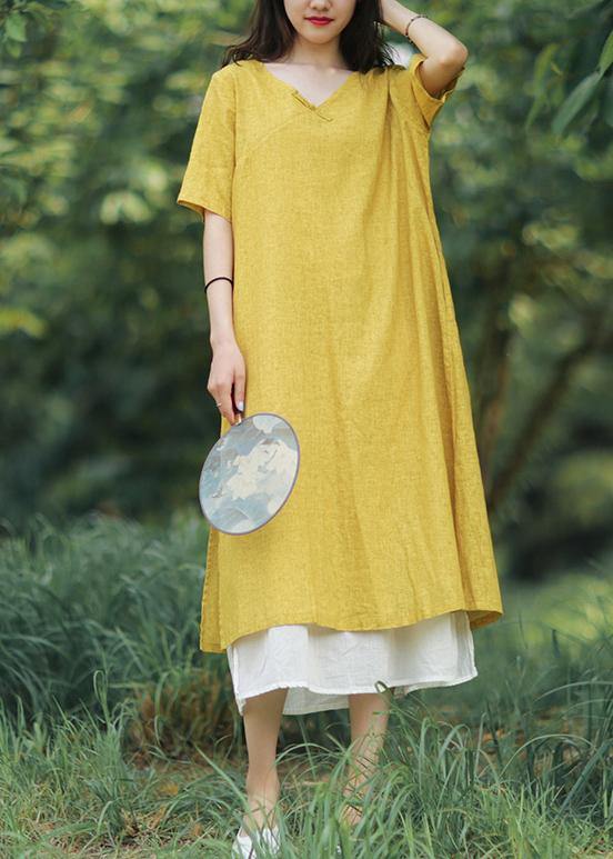 Women yellow linen cotton Robes v neck side open Art summer Dress