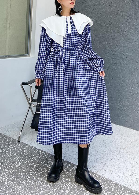 Beautiful Ruffled tie waist cotton fall clothes Outfits blue plaid Plus Size Dress