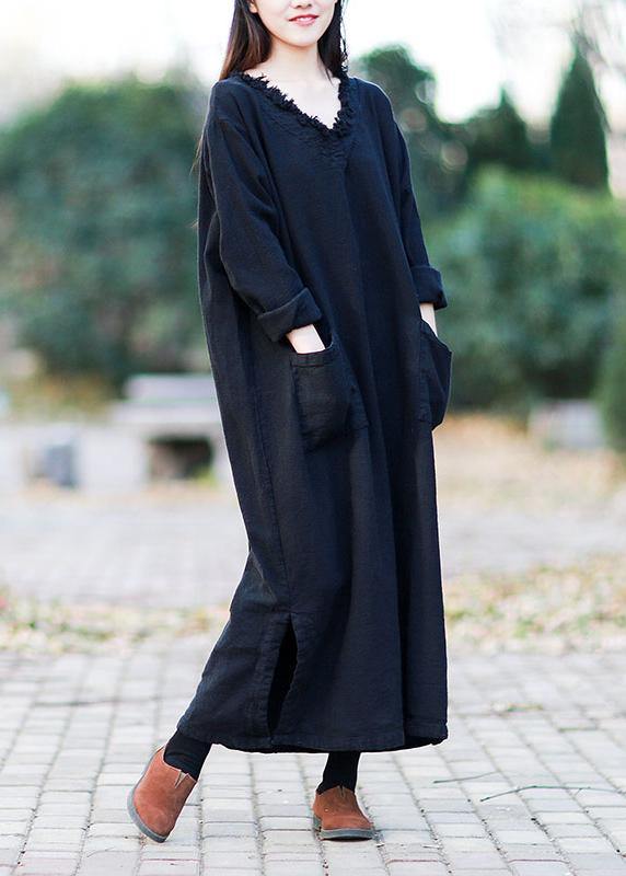 Beautiful v neck pockets fall clothes For Women Outfits black Kaftan Dress