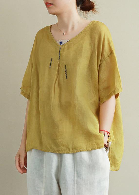 Organic yellow embroidery linen tops women v neck tops