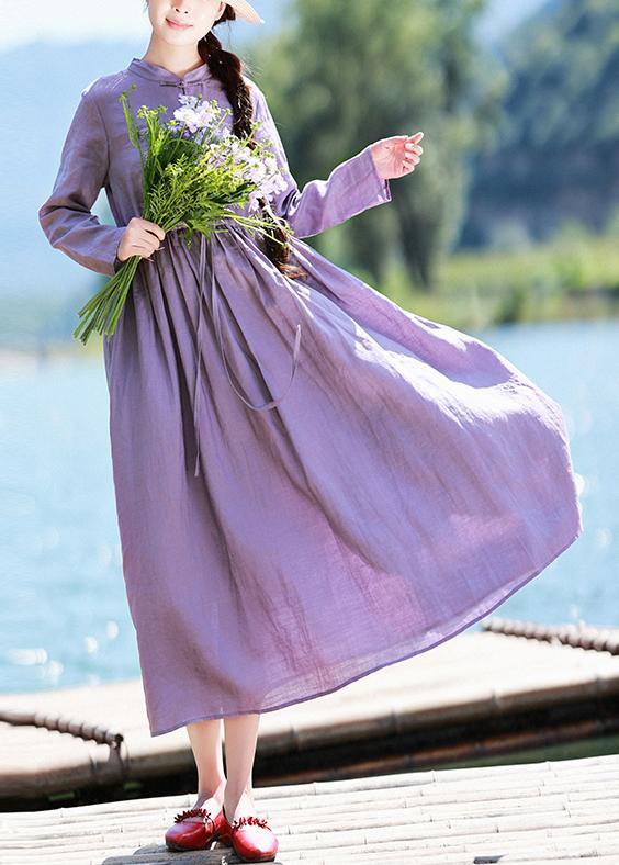 Beautiful Stand Collar Patchwork Lace Spring Pattern Shape Purple Plus Size Dress